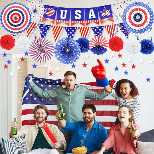 27 Pieces 4th of July Decorations Set, Red White Blue American Flag Hanging Honeycomb Paper Fans, Pom Poms, Swirls, Love USA Banner